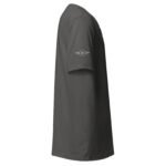 Side view of the Pioneer dark grey unisex T-shirt featuring an aviation-themed logo on the sleeve, ideal for any retired aviator or fan of the Airline Jet 707.