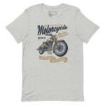 Gray T-shirt featuring a vintage motorcycle graphic with text reading "Custom Engine Motorcycle," "Retro Power," and "High Performance Custom Garage," available under the product name Motocycle Retro Power.