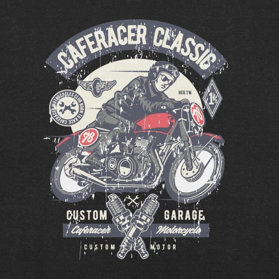 Vintage-themed graphic design featuring a motorcyclist on a classic bike, labeled "Caferacer Classic" with the text "Custom Garage," complemented by logos and crossed spark plugs on a distressed background. Ideal for the Cafe-Racer Classic | Unisex Heavy Cotton Tee.