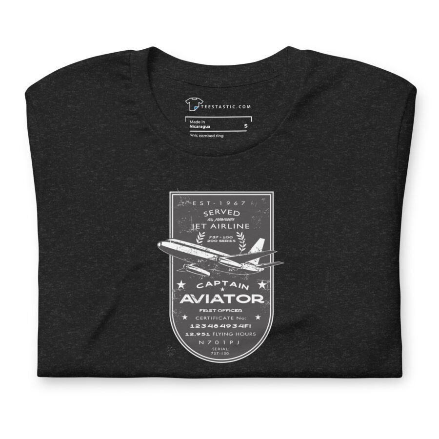 Black unisex t-shirt featuring a vintage-style print of an Airline Jet 737 with text celebrating a retired aviator's service and flying hours since 1967, called the Pioneer.
