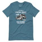 Air Cooled VW | Old School | Unisex Heavy Cotton Tee in blue, featuring a vintage car graphic and the text "Air Cooled Vintage Races Est 1939," "Old School," and "Aged Perfection." Perfect for fans of classic car culture and timeless style.