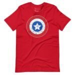 Experience the Star and Stripes with our Red Captain America Unisex T-shirt, featuring a distressed graphic of Captain America's iconic circular shield and central star.