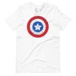 White unisex T-shirt emblazoned with a distressed circular emblem in red, white, and blue, showcasing a central white star. Perfect for fans of the Star and Stripes theme. "Star and Stripes | Red Captain America | Unisex T-shirt.