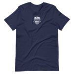 A unisex T-shirt in navy blue with a small white AVIATOR logo and an illustration of a 737 Jet on the chest.