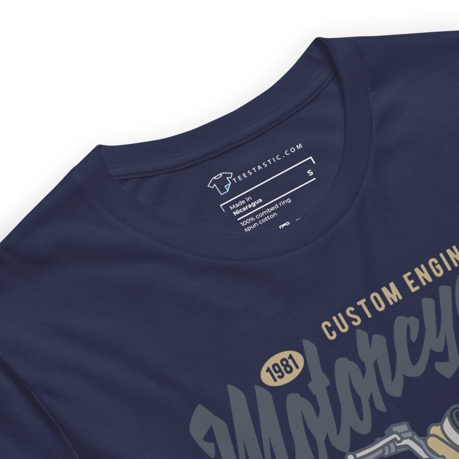 The MOTORCYCLE RETRO POWER T-shirt in navy blue features retro-inspired printed text and graphics centered around custom motorcycle engineering. The inside label reads: "teeasel.com, Made in Vietnam, Medium, 50% cotton 50% polyester, spot cleaning.