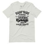 Surf & Ride | Surfing Paradise | Unisex Heavy Cotton Tee features a black print of a van with a surfboard on top, along with text such as "SURF RIDE," "Enjoy the Ride," and "Surfing Paradise.