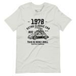 The Classic Car VW | I Roll Unisex Heavy Cotton Tee in white features a vintage-style graphic of a Classic Car VW with the text "1978 Retro Classic Car Authentic RCC Registered Trademark. This is how I roll.
