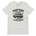 The Surf & Ride | Surfing Paradise | Unisex Heavy Cotton Tee features a vintage van adorned with the text "Surf Ride - Enjoy the Ride - Surfing Paradise," making it an ideal choice for embracing surf culture.