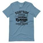 Product Description: Unisex heavy cotton tee featuring a blue vintage van graphic and text that reads "Surf & Ride, Surfing Paradise, Glue Beach, Registered Trademark." This comfortable and stylish T-shirt is perfect for anyone.