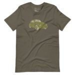 This unisex T-shirt, called the Retro VW Beetle, features a vivid yellow and white line drawing of a retro VW Beetle on the chest against an olive green fabric.