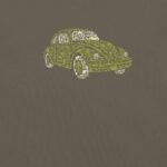 A depiction of a vintage VW Beetle composed of tiny symbols and icons, featured on a dark green background. Ideal for the Retro VW Beatle Unisex T-shirt design.