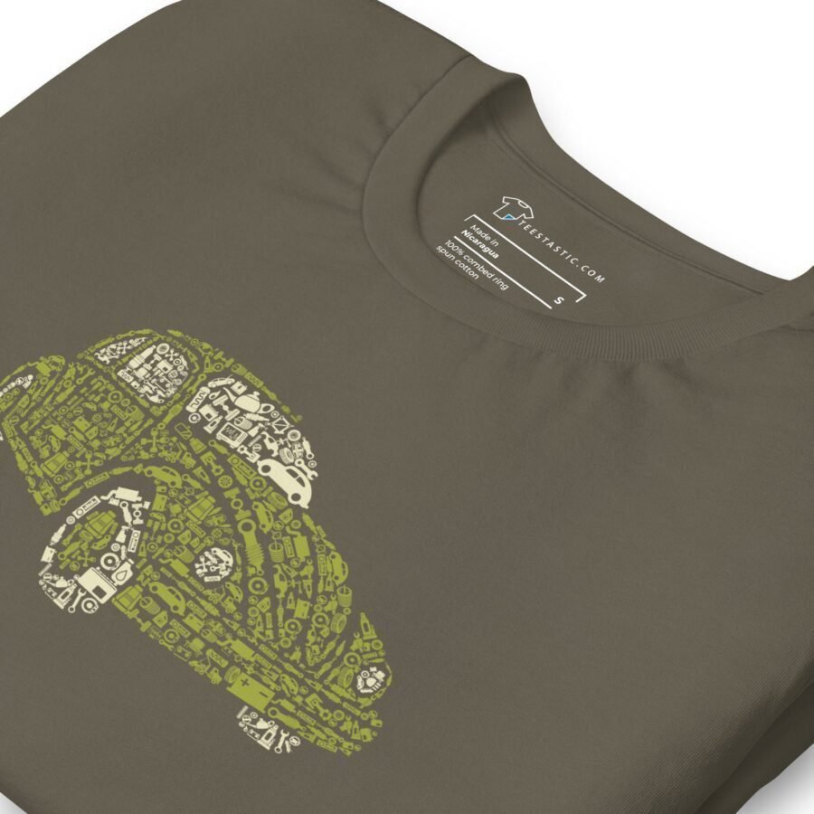 Olive green unisex T-shirt showcasing a graphic of a retro VW Beatle made up of various icons.