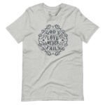 The GODS LOVE NEVER FAILS Unisex T-shirt showcases a light grey color with the motivational phrase "God's Love Never Fails" artistically displayed on the front.