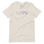 Beige unisex T-shirt showcasing "LOVE" creatively designed from VW Beetle components.