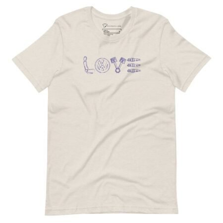 Beige unisex T-shirt showcasing "LOVE" creatively designed from VW Beetle components.