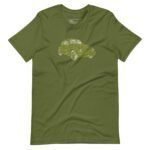 Unisex T-shirt in green featuring a graphic of a retro VW Beetle on the front.